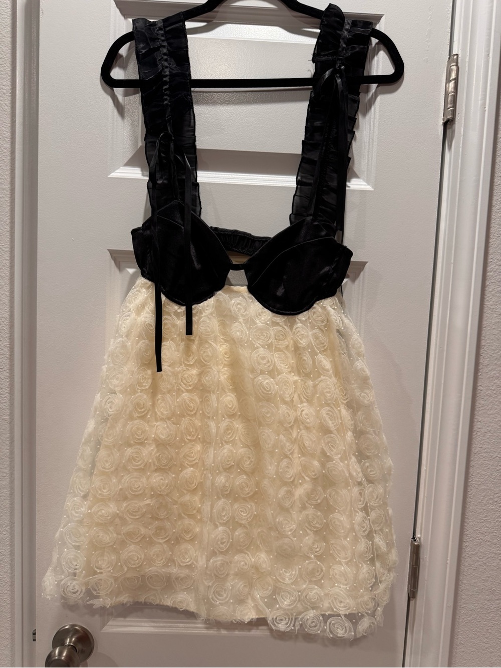 Black & Cream Mini Dress with Rose-Textured Skirt